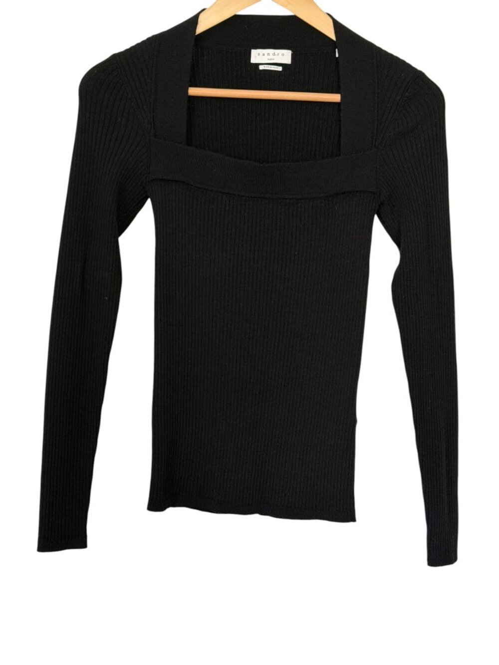 Sandro Paris Italy Wool Blend Square-Neck Ribbed Knit Top Long Sleeve Sweater 1